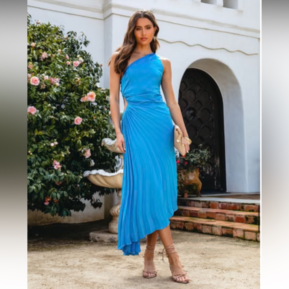 Coda Satin Side Pleated Cutout Midi Dress SMALL